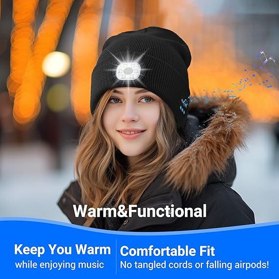Bluetooth Beanie with a Light, Unisex USB Rechargeable 4 LED Fashlight Hat with Cordless Headphones, Unique Christmas Birthday Gifts for Men Him Husband Teen Black