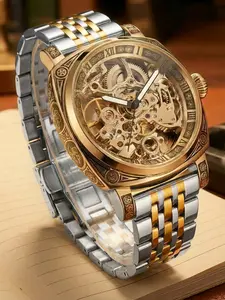 Men's Classic Business Fashion Round Dial Mechanical Analog Skeleton Watch,  Stainless Steel Strap Skeleton Wrist Watch, Automatic Mechanical Watch for Men with Box, Mechanical Style Watches, Mechanical Wristwatches