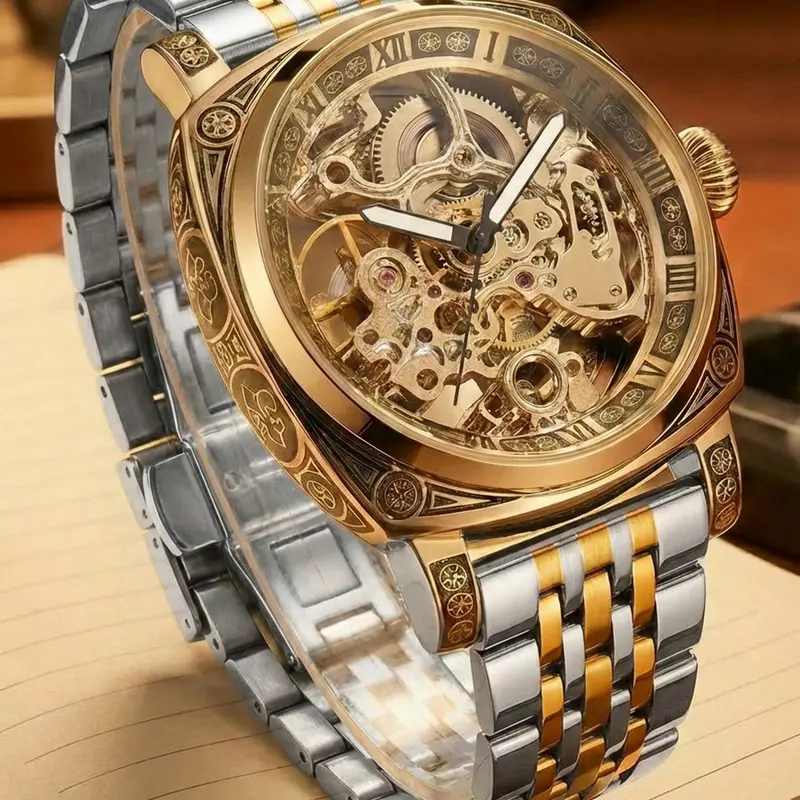 Men's Classic Business Fashion Round Dial Mechanical Analog Skeleton Watch, Stainless Steel Strap Skeleton Wrist Watch, Automatic Mechanical Watch for Men with Box, Mechanical Style Watches, Mechanical Wristwatches
