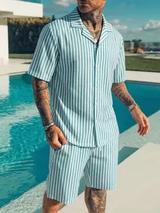 Men’s Casual Beach Set Camp Collar Shirt & Drawstring Waist Shorts Summer Vacation Resort Wear Relaxed Fit Outfit