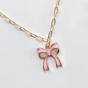 Stacked By Suzie Pink Bow Statement Necklace for Fun and Flirty Vibe - Embrace Coquette Trend With Elegant Bowknot Pendant Necklace Acrylic Gold Paperclip Chain Hypoallergenic
