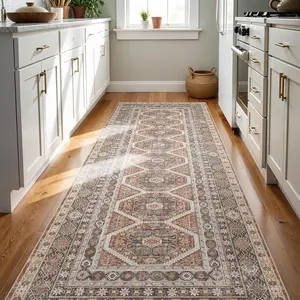 3x8 Runner Rug Washable: Oriental Indoor Hallway with Non Slip Backing Mat for Entryway Door Low Pile Thin Carpet for Bedroom Living Room Bedside Brick