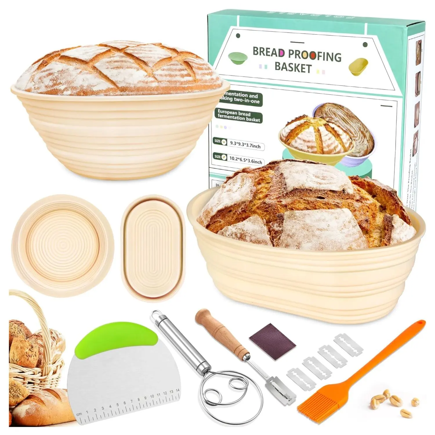 Sourdough Bread Making Supplies Starter Kit, Silicon Banneton Bread Proofing Basket, Foldable 9" Round 10" Oval Bread Bowl,Baking Tool Set for Bread Making, with Lame, Dough Whisk,Bench Scraper, Brush