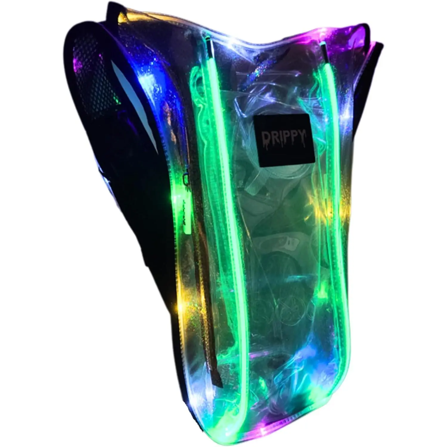 Drippy Clear Sparkles LED Hydration Rave & Festival Bag - Lightweight Transparent Anti-theft Water Resistant with 3 Flash Settings & 2L Bladder