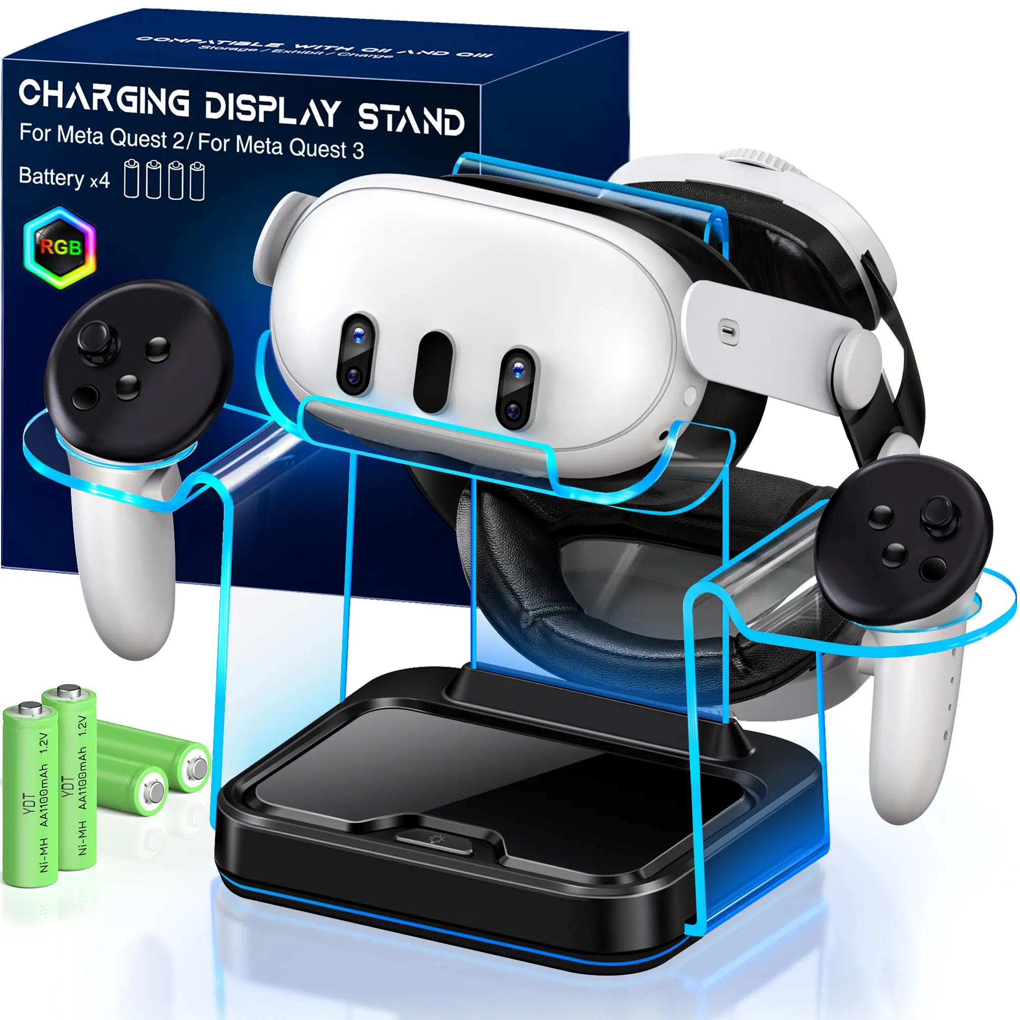 ESYWEN VR Charging Dock for Meta Quest 3/Meta Quest 2 Led Light VR Accessories Charger Station Controller Battery Pack Headset Aesthetic