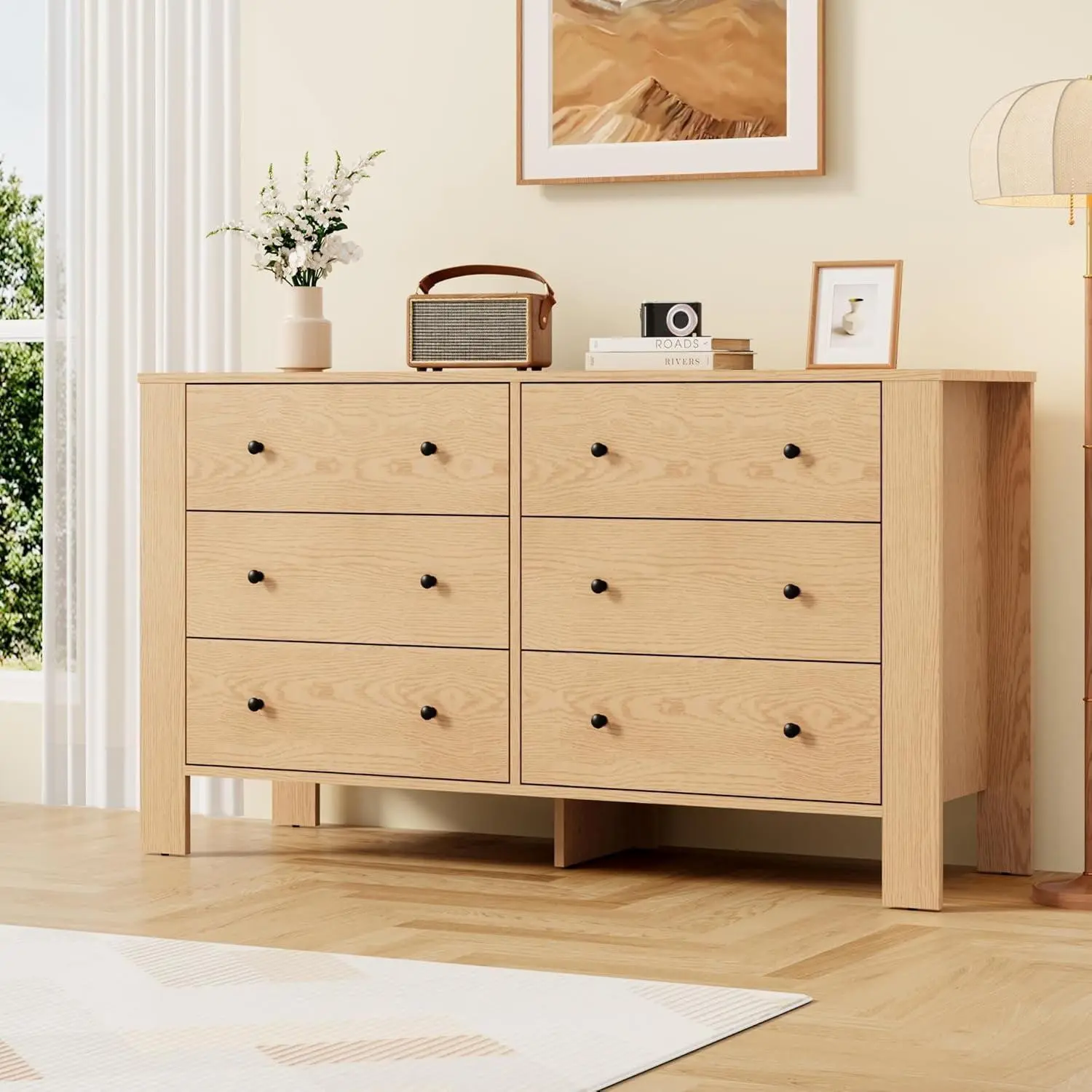 Gaomon Modern 6-Drawer Wooden Dresser - Minimalist Yellow Storage Sideboard with Panel Legs Base, Spacious Durable Organizer for Bedroom, Living Room, Assembly Required