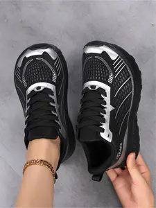Women's Black & Silver Training Sneakers: Flyknit Breathable, Chunky Lightweight Sole Trendy Streetwear for Daily Commute (Comfy & Non-Slip)