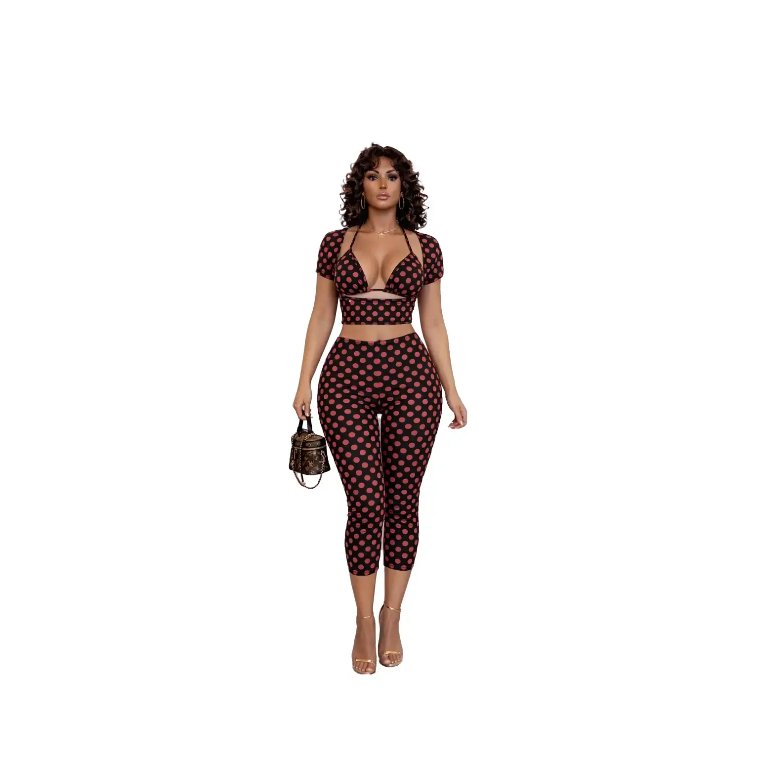 Dot Darling 3-Piece Set – Polka Dot Crop Top, Bralette & Capri Pants (Red & White / Black & Red)