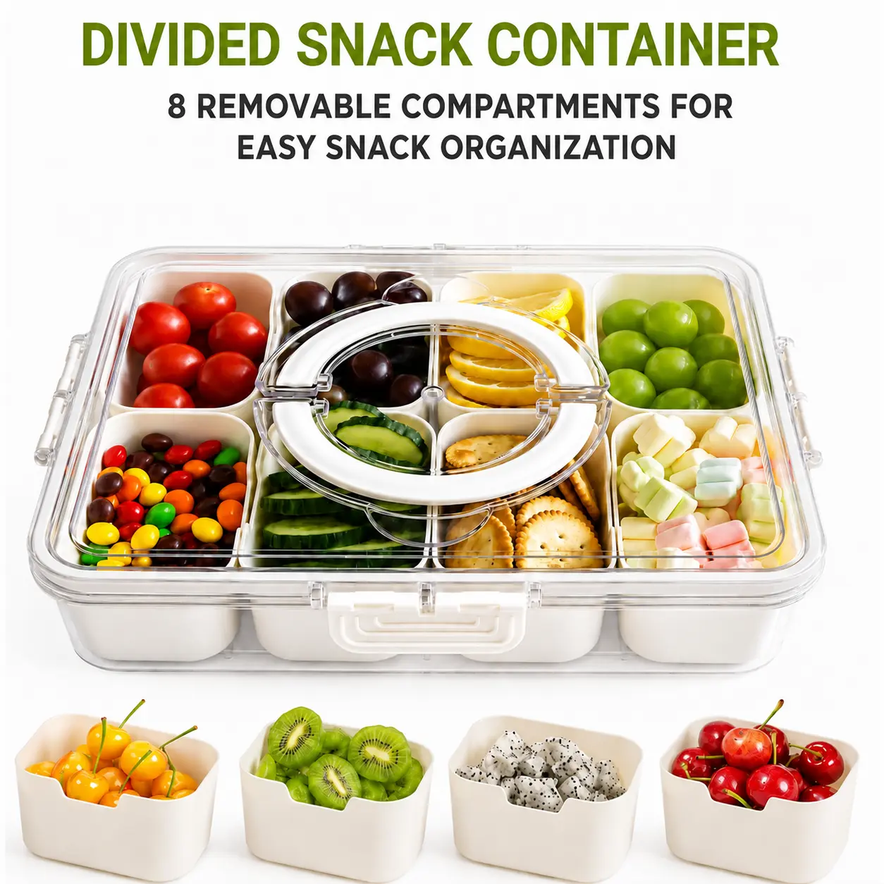 MIUVA Sturdy Leak-Proof Snack Containers - 4 or 8-Compartment Snackle Box with Lid, Handle & Divided Serving Tray, Portable Food Saver for Freshness Preservation, Ideal for Picnics & Travel