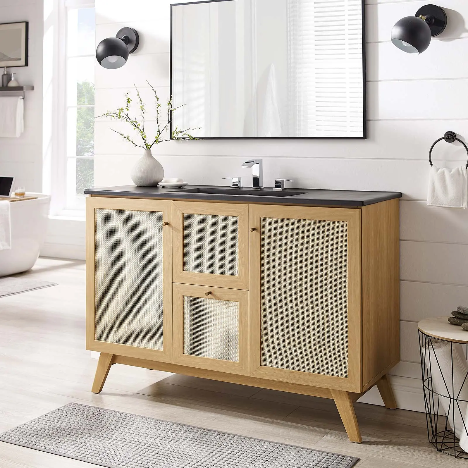 Modway Soma 48” Single Sink Bathroom Vanity with Adjustable Storage Cabinet, Oak Black Finish - Home Improvement Bathroom Fixture Set