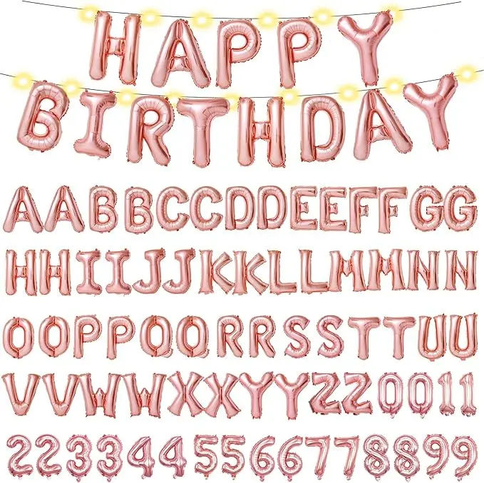 Personalized Happy Birthday Balloons Letters, DIY Custom Name Birthday Banner Kit, 2 Sets A- Z & 0-9 16'' Letters and Numbers 2 Rope and 2 LED Light for Dad Day Party Rose Gold