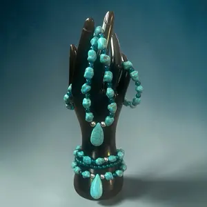 Turquoise 4PC Jewelry Bundle | Irregular Synthetic Turquoise Necklace + 3 Bracelets | Boho Beaded Set l  Teardrop Pendant