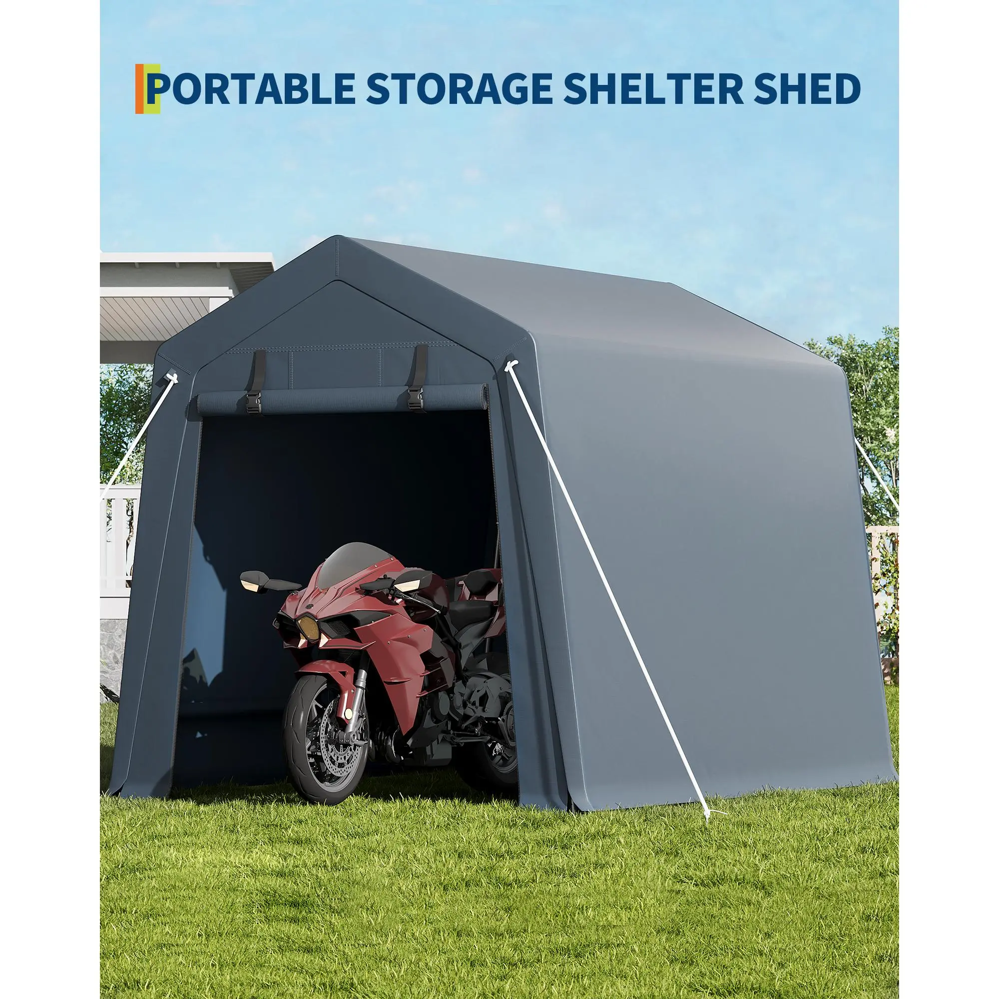 6 x 8 ft Bike Shed Storage Tent, Portable Outdoor Storage Shelter with Roll-Up Double Zipper Door, Double Gray Shelter for Motorcycle Bike ATV Firewood Tools