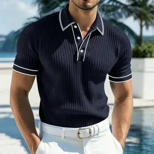 Men's Vintage Ribbed Knit Polo Shirt Short Sleeve Casual Classic Preppy Style Contrast Tipped Collar Knitted Sweater Top Smart Casual Slim Fit Summer Pullover T-Shirt Old Money Aesthetic Breathable Fashion Golf Tee Streetwear Trendy Clothing for Men