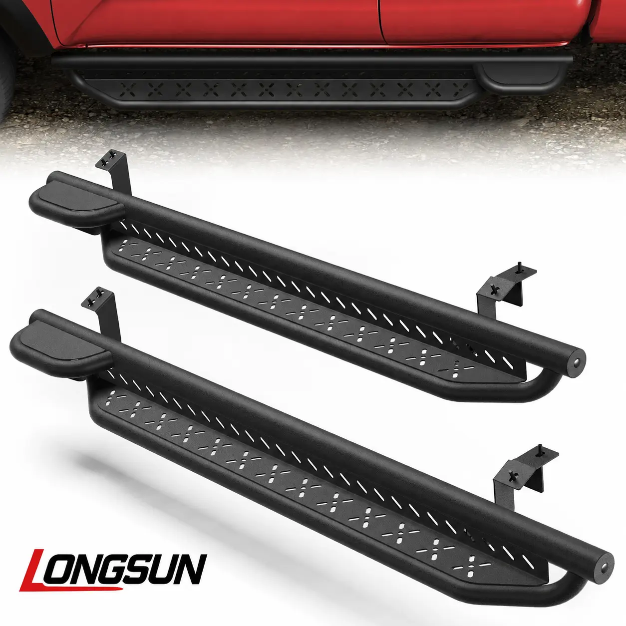 Longsun 2mm Carbon Steel Heavy-Duty Black Running Boards - 2-Door Vehicle Exterior Towing Side Steps, Coastal-Area Ready, Wide Step Access for 2005-2023 Access Cab Pickup Trucks, Crossovers