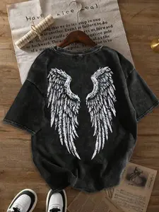 Women's 100 Cotton Wing Print Round Neck T-Shirt, Casual Loose-Fitting Short Sleeve Top, Fashionable Daily Wear for All Seasons, Everyday, Womenswear