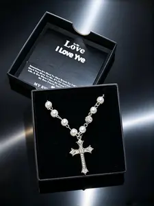 Alone Luna Rhinestone Cross Necklace with Box, Unisex Pearl Ball Chain, Elegant Punk Jewelry, All-Season Alloy Chain, Party Gift