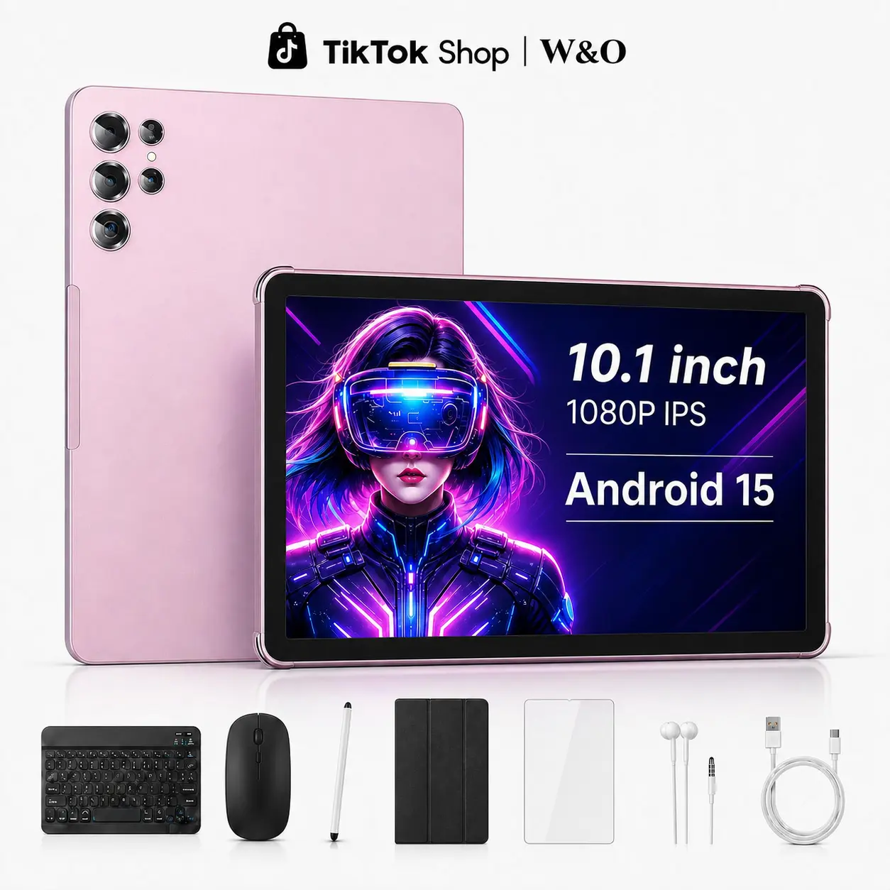 W&O 10.1in Android 15 Portable Tablet, 12GB RAM+256GB Expandable Storage, HD Touchscreen, 10000mAh Battery, 5G WiFi, Tools Bundle (Keyboard, Mouse, Case, Stylus), Dual Camera, for School/Work