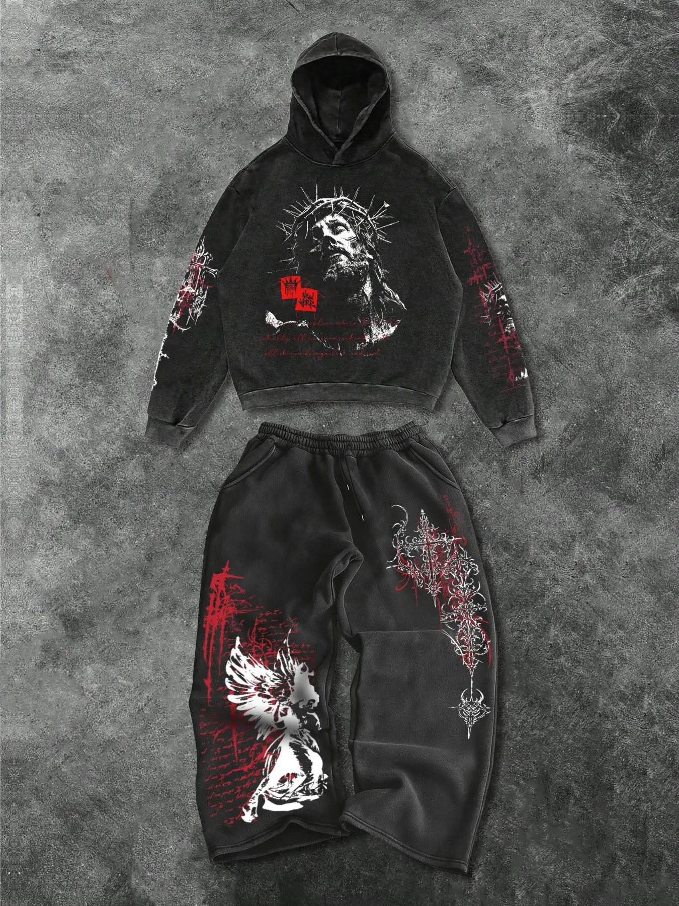 Men's Two-Piece Cotton Breathable Fashion Casual Set, Jesus & Angel Print Hoodie Sweatshirt and Drawstring Straight Leg Pants, Spring Fall Winter Sports Wear Outfit