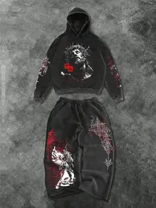 Men's Two-Piece Cotton Breathable Fashion Casual Set, Jesus & Angel Print Hoodie Sweatshirt and Drawstring Straight Leg Pants, Spring Fall Winter Sports Wear Outfit