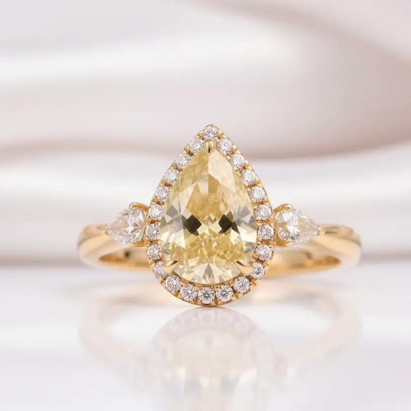 Three Stone Pear Brilliant Cut Yellow Diamond Option Engagement Ring
