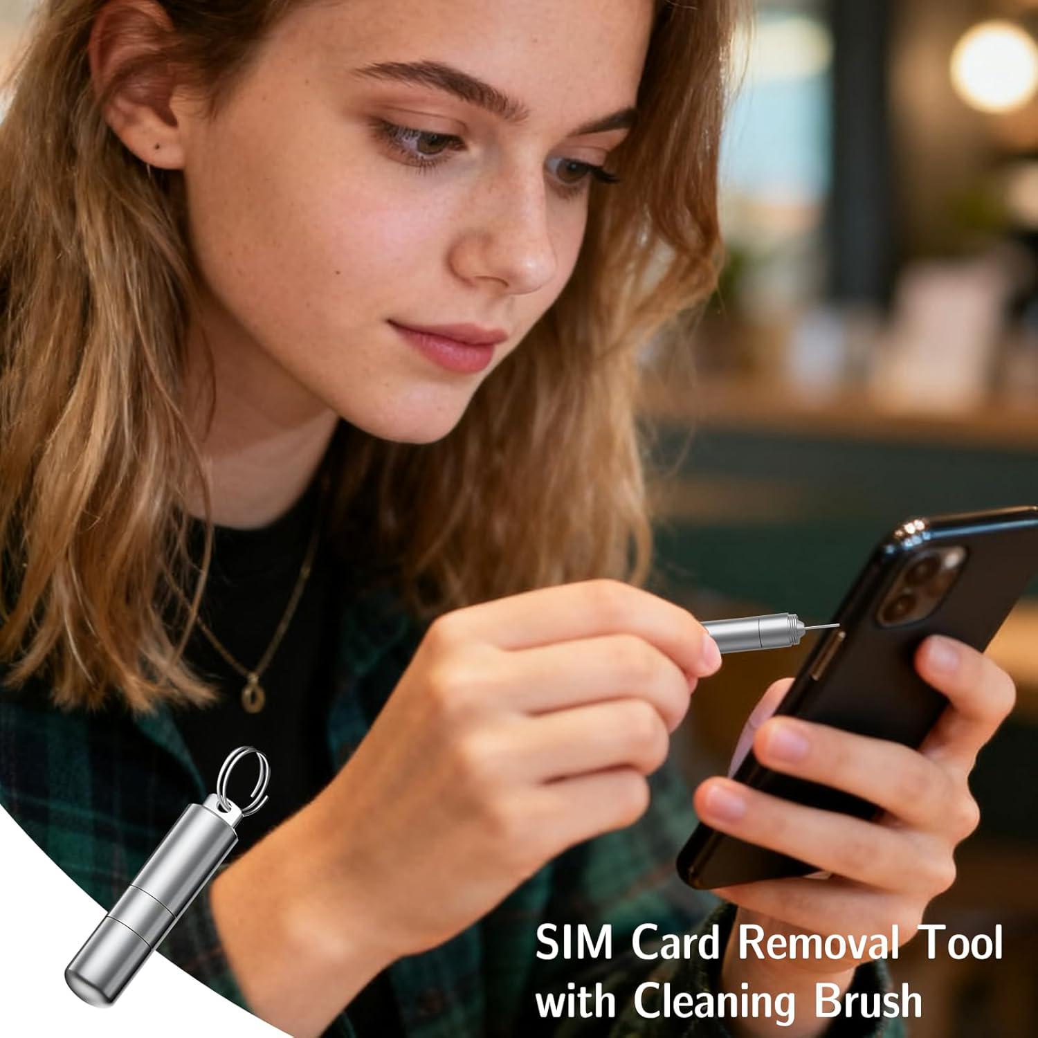 2-in-1 SIM Card Tray Removal Tool with Handy Cleaning Brush, EDC Portable Keychain Eject Pin Reset Needle Opener, Watchchain Link Remover for iPhones, Wireless Earbuds