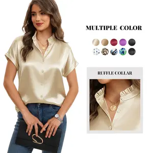 Funlingo Women's Silk Satin Button Down Shirts Short Sleeve Ruffle Collar Blouses Summer Business Casual Work Tops