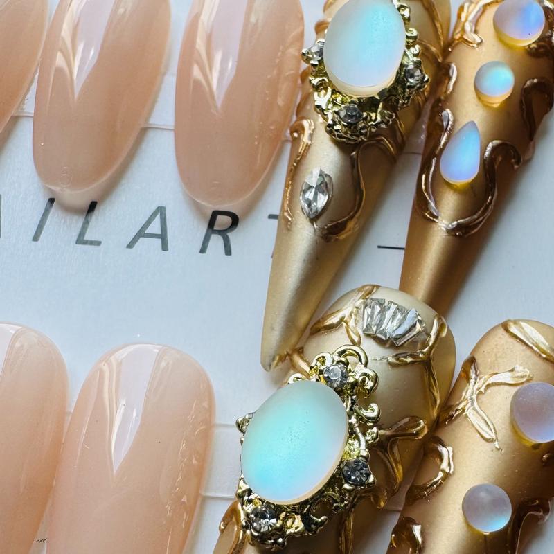 Royal Armor Gold Gem Stiletto Press-On Nails - Handmade Nude & Metallic Tips with 3D Opal Stones and Baroque Crown Accents