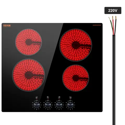 VEVOR 24-Inch 4 Burner Multitask 4-in-1 Built-In Mechanical Control Induction Hob, 6000W Total Ceramic Radiant Cooktop, 560x490 mm Glass Panel, 11 Heat Levels, 220-240V Hardwired (No Plug), Father's Day Gift, Home Essential for Cast Iron Skillets