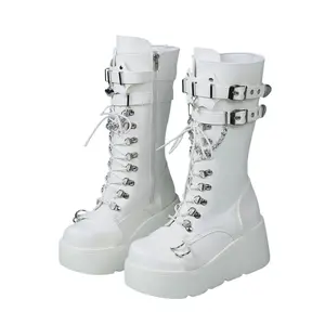 EROCALL  Women's White Platform Goth Boots Mid Calf Chunky Heel Knee High Punk Rave Boots for Casual Party Cosplay Comfortable Edgy Combat Booties