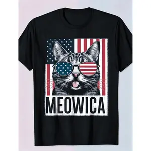 Cat 4th of July Meowica Merica Kitty USA American Flag Cool T-Shirt Same style for men and women 2025 summer short-sleeved printed T-shirt