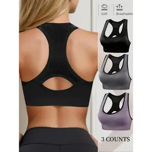Women's 3pcs Contrast Binding Cut Out Wireless Bra, Breathable Comfortable Seamless Bra, Softness Lingerie for Women