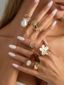 9-Piece Bohemian Geometric Ring Set, Stackable Finger Rings, Embedded Sea Shell Flower Design, Casual Jewelry for All Seasons, Perfect Gift for Women