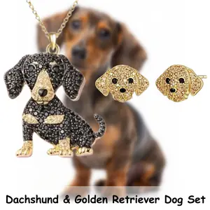 3 Pcs/Set Golden Dachshund Alloy Pendant Necklace & Golden Retriever Earrings Set, Elegant Cute Shiny Dog Jewelry Gift for Birthday Christmas to Family Friends