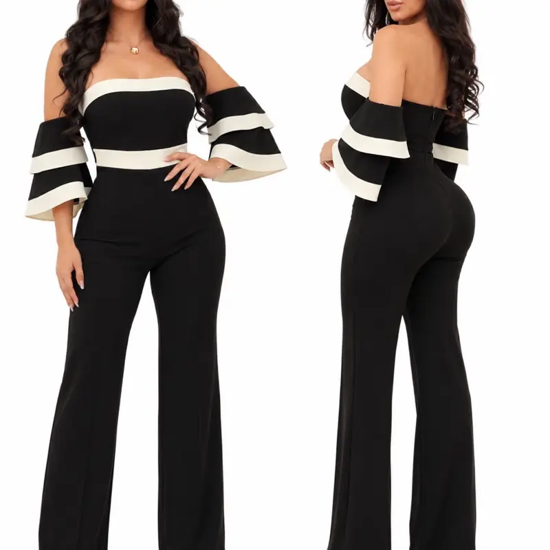 (V80147) Women’s Stretch Off-Shoulder Black & White Jumpsuit – Layered Ruffle Sleeves