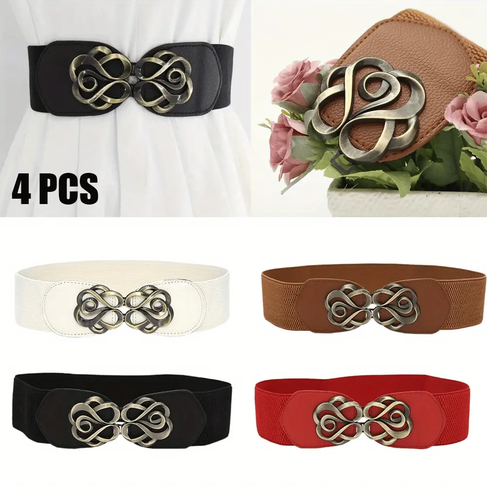 Women's Wide Elastic Waist Belts, 4 Pack Vintage Adjustable Cinch Belt with Flower Buckle for Dresses & Shirts, Adjustable Elastic Belt, Trendy Belt