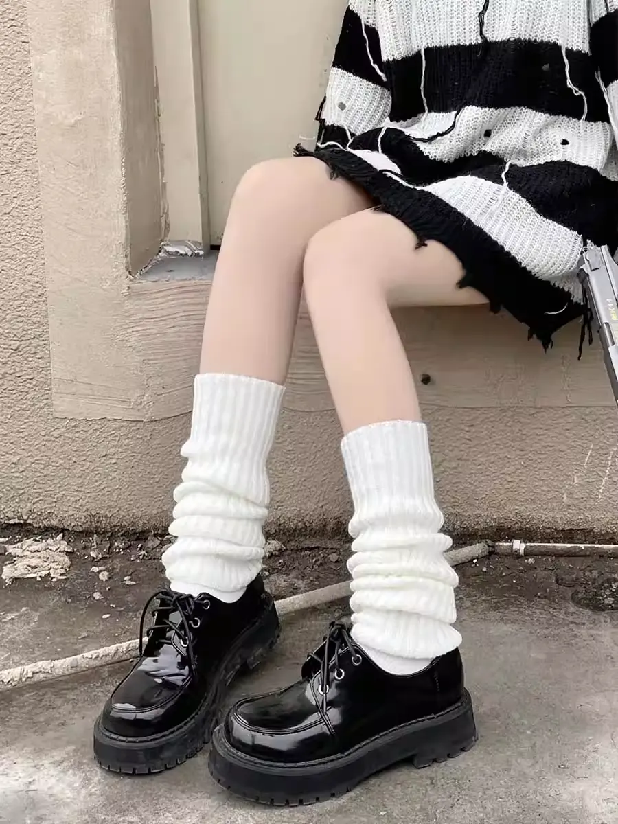 White Knitted Slouch Leg Warmers JK Lolita Y2K Style Long/Mid-Calf Socks for Women Ladies Soft Japanese Look for Spring Summer Fall Winter sockies