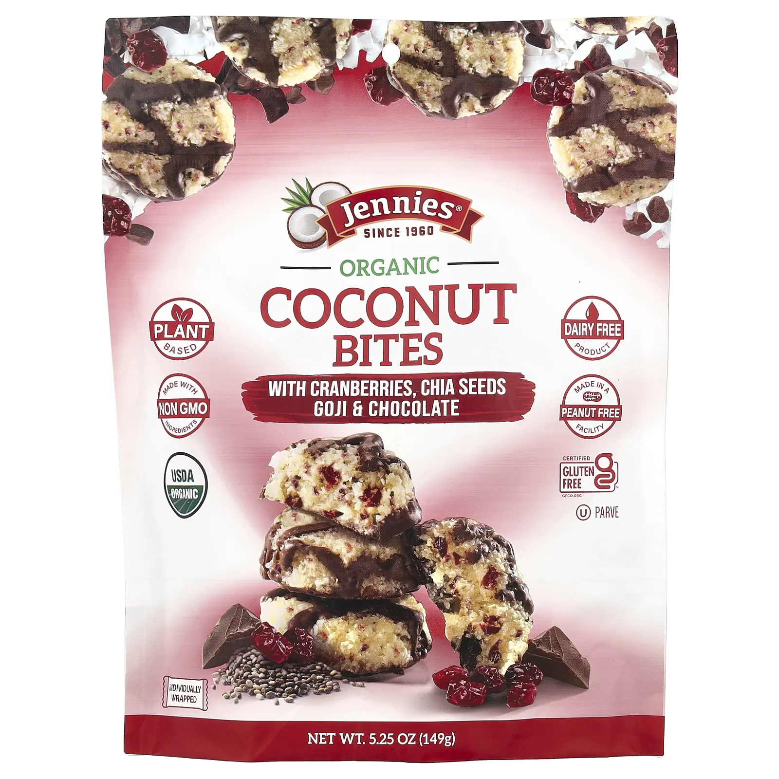 Jennies Macaroons Organic Coconut Bites, with Cranberries, Chia Seeds, Goji & Chocolate, 5.25 oz (149 g)