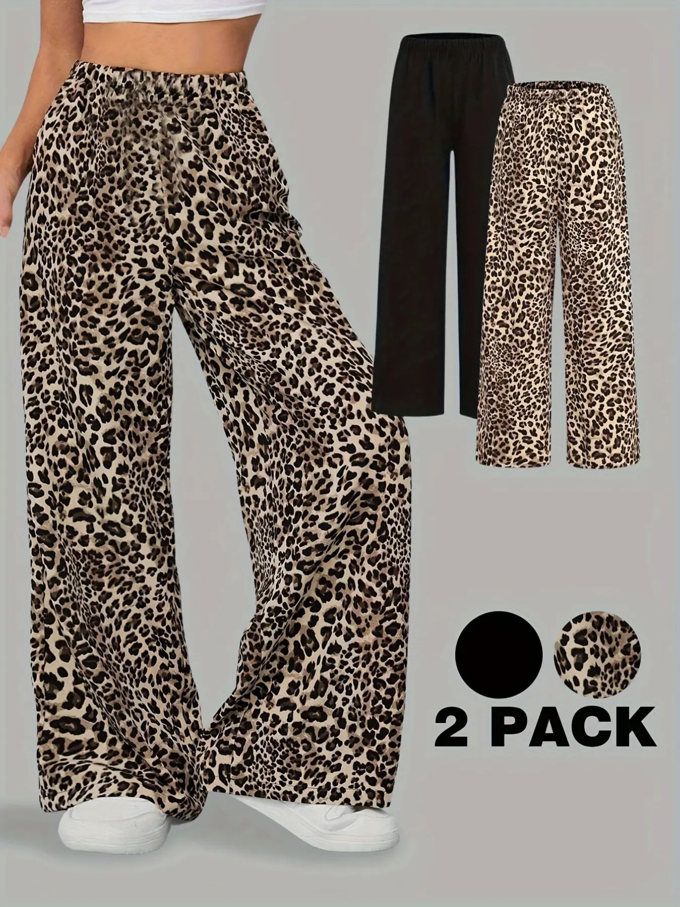 Girls' 2-Piece Set: Leopard Print Wide Leg Pants and Solid Wide Leg Pants, Comfortable Outdoor Sports Trousers, Ages 3+