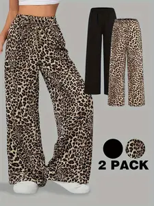 Girls' 2-Piece Set: Leopard Print Wide Leg Pants and Solid Wide Leg Pants, Comfortable Outdoor Sports Trousers, Ages 3+