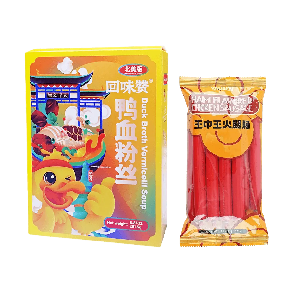 YAUSEN King of Sausage Chicken Sausage 331g + Savory Duck Blood Vermicelli Soup 251.5g - Late Night Snack CP Combo Pack - Yami