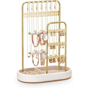 Jewelry Organizer, Jewelry Holder Gold with Metal Frame and Velvet Ring Tray Protect headdress from scratches, Women Jewelry Stand Organizer Box Boxes Gift