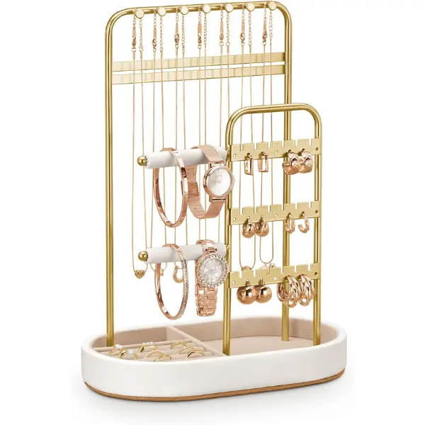 Jewelry Organizer, Jewelry Holder Gold with Metal Frame and Velvet Ring Tray Protect headdress from scratches, Women Jewelry Stand Organizer Box Boxes Gift
