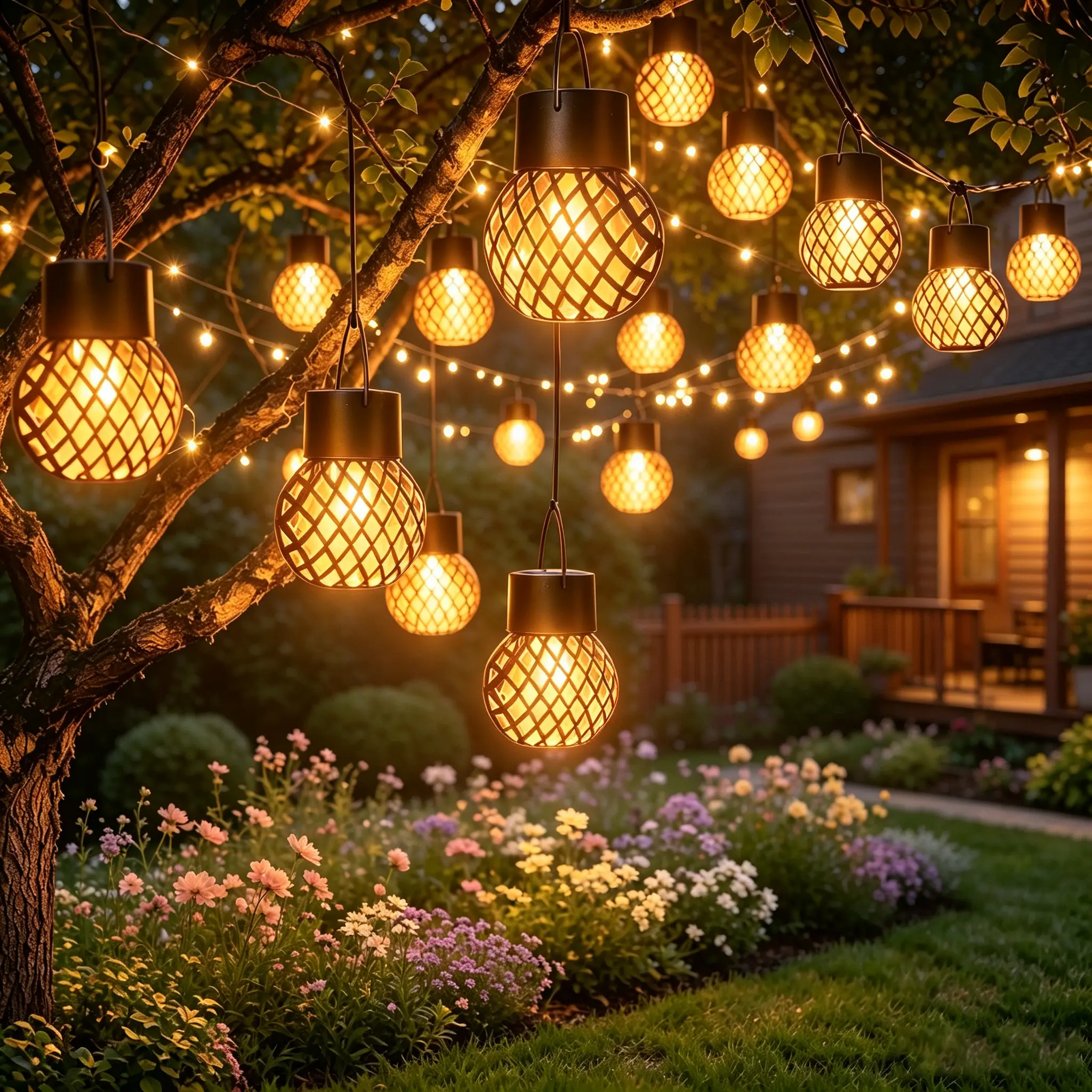 8-pack outdoor garden solar hanging decorative ball lights, waterproof hanging lanterns with flashing flame effect, suitable for gardens, patios, camping, fences, patios, trees, and Christmas decorations.