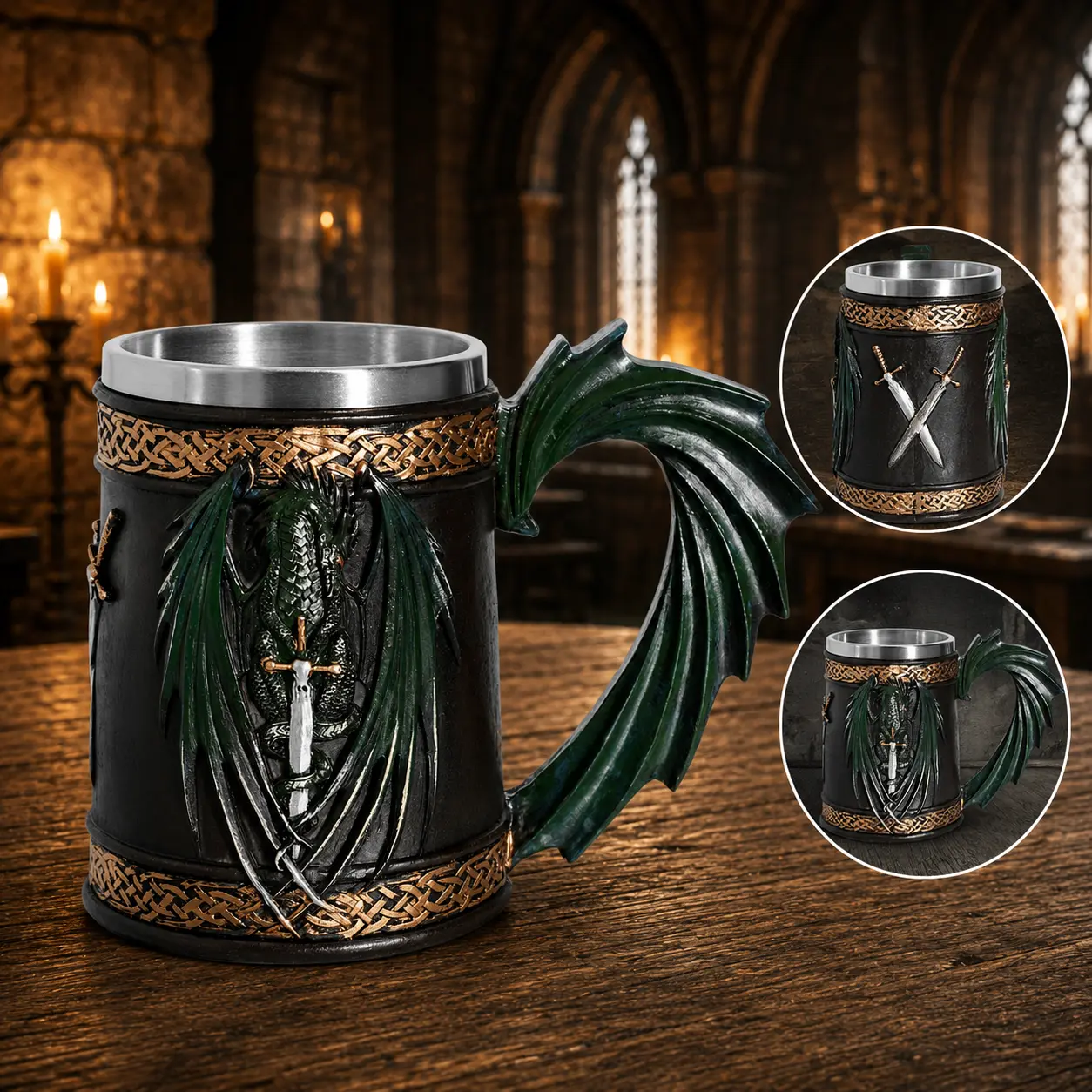 The Armored Kingdom 16oz Stainless Steel Fantasy War Mug - Green Dragonlord's Drinkware, Ancient Scale & Tail Design, Sturdy Heavyweight, Premium Steel Body, Heat Resistant, Dishwasher Safe, Reusable Collectors' Mug for Christmas Fantasy Enthusiasts, Drag