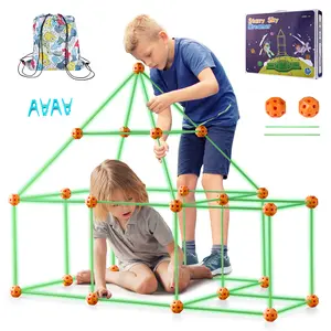 【fathersdaygift】VEVOR Fort Building Kit for Kids, 85PCS Glow in The Dark STEM Building Toys, Educational Gift for 4 5 6 7 8+ Year Old Boys & Girls, Indoor Outdoor Play Tent Construction Toys with 55 Rods and 30 Balls, Fun