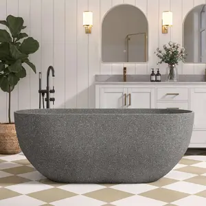 【Medunjess】Terrazzo Freestanding Bathtub, Oval Solid Surface Bathroom Freestanding Tub