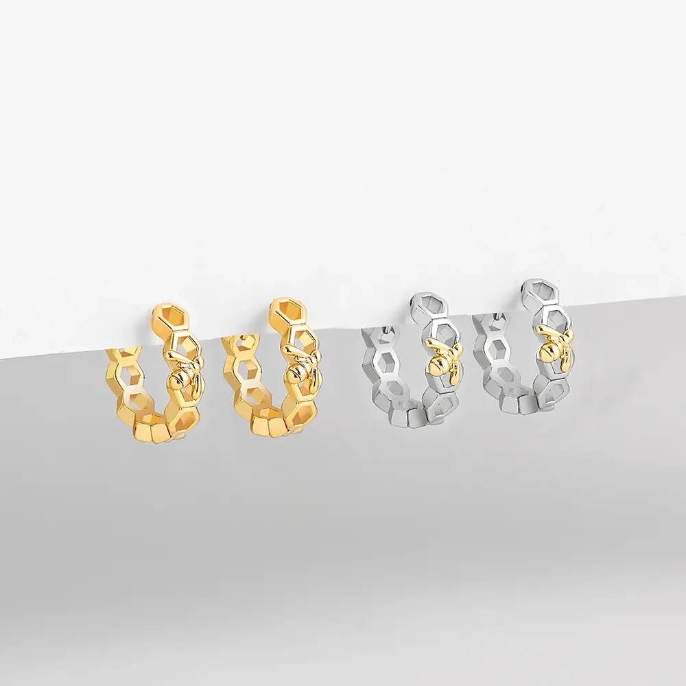 Gold and silver two-tone hollow bee honeycomb earrings, simple hoop earrings jewelry