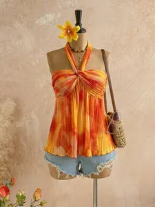 Women's Summer Sexy Vacation Gradient Color Backless Sleeveless Halter Neck Top, Stylish Ruched Design, Perfect for Casual Wear