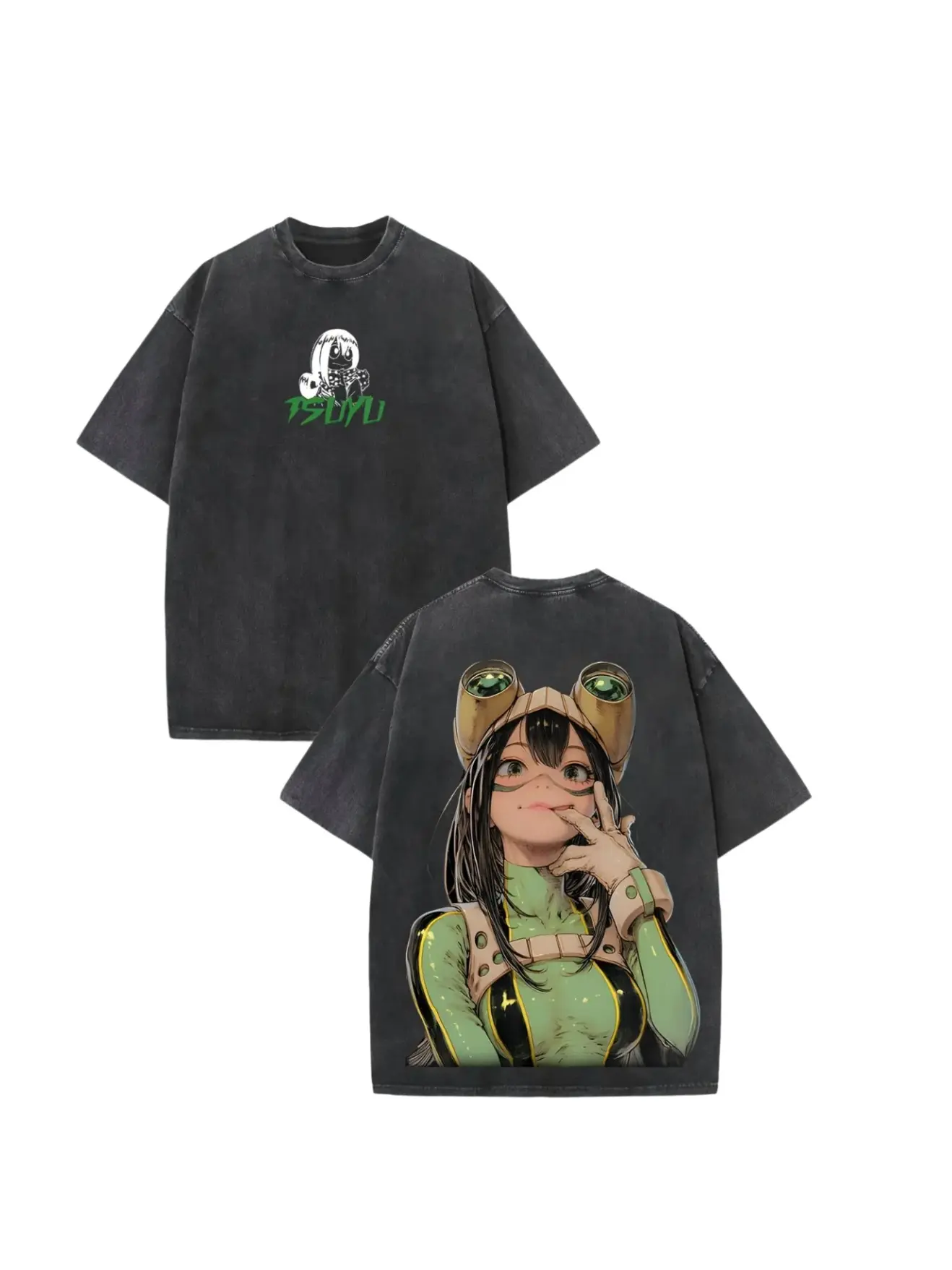 Unisex Vintage Acid Wash Oversized Heavyweight Cotton T-Shirt - Double-Sided Tsuyu Asui My Hero Academia Graphic Print, Short-Sleeve Crewneck Anime Streetwear, Ideal Gift for MHA Fans